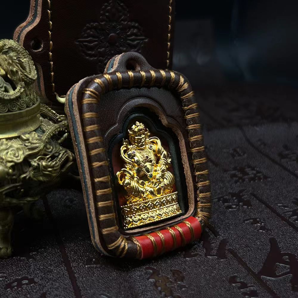 Handcrafted spiritual leather Thangka pendant, Tibetan Buddhist jewelry art combining cultural heritage with protection, fortune, and peace.