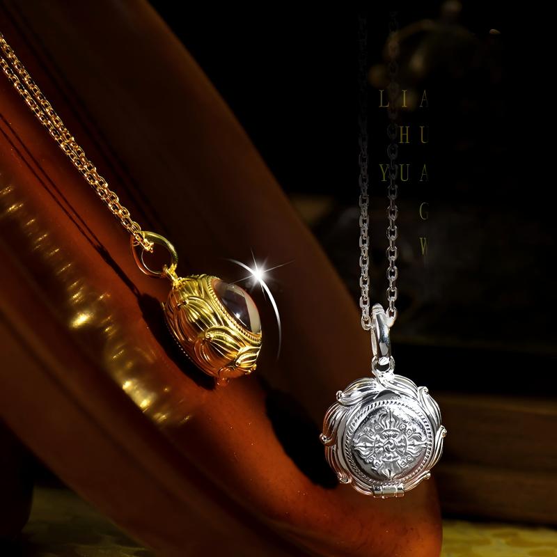 Tibetan Buddhist Jewelry Culture handmade sterling silver lotus Ghau box, a sacred Jewelry art reliquary for protection.
