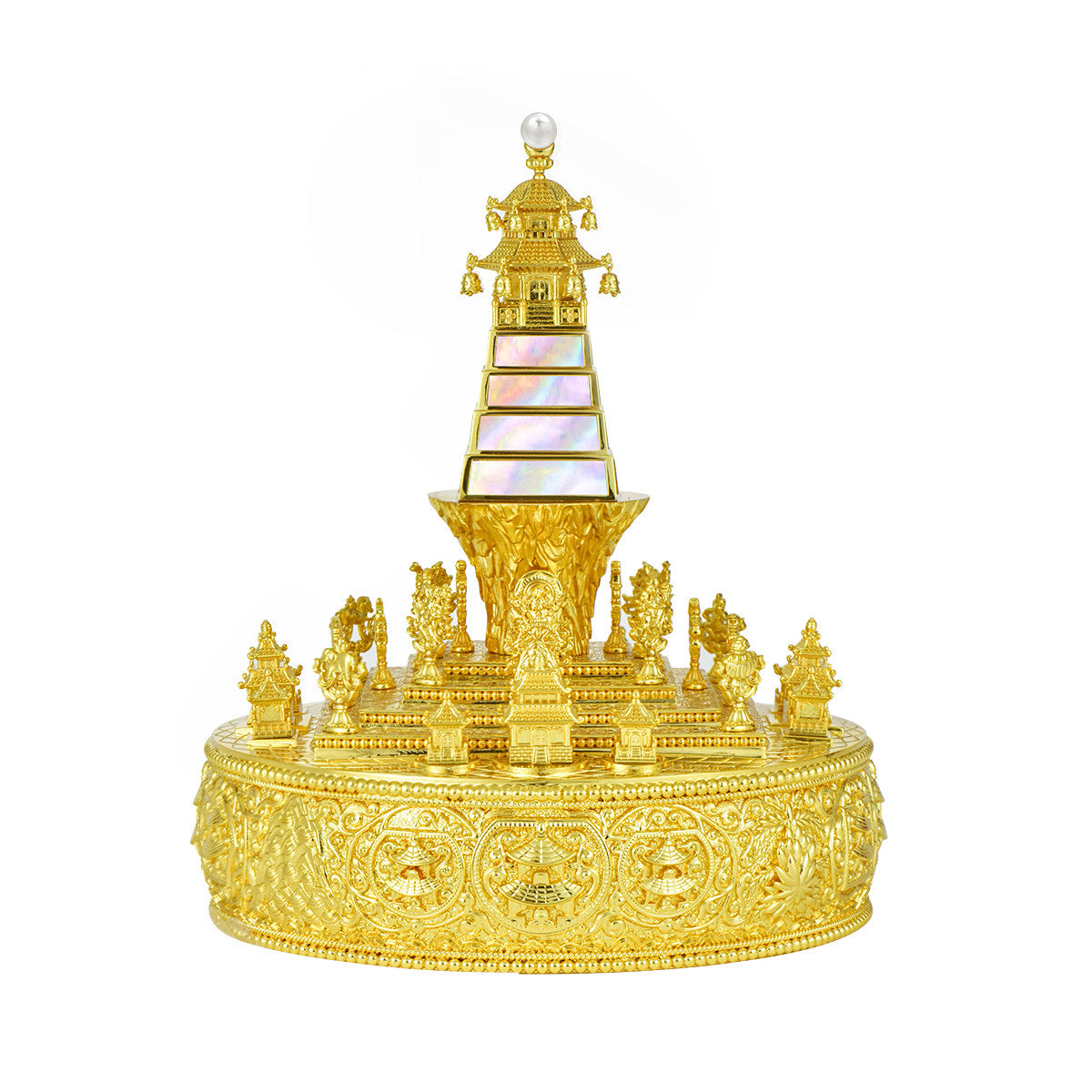 Tibetan Buddhist Jewelry Culture: Traditional 37-heap mandala set with iridescent pearl inlay, reflecting ancient Tibetan Buddhist sacrificial implements culture.