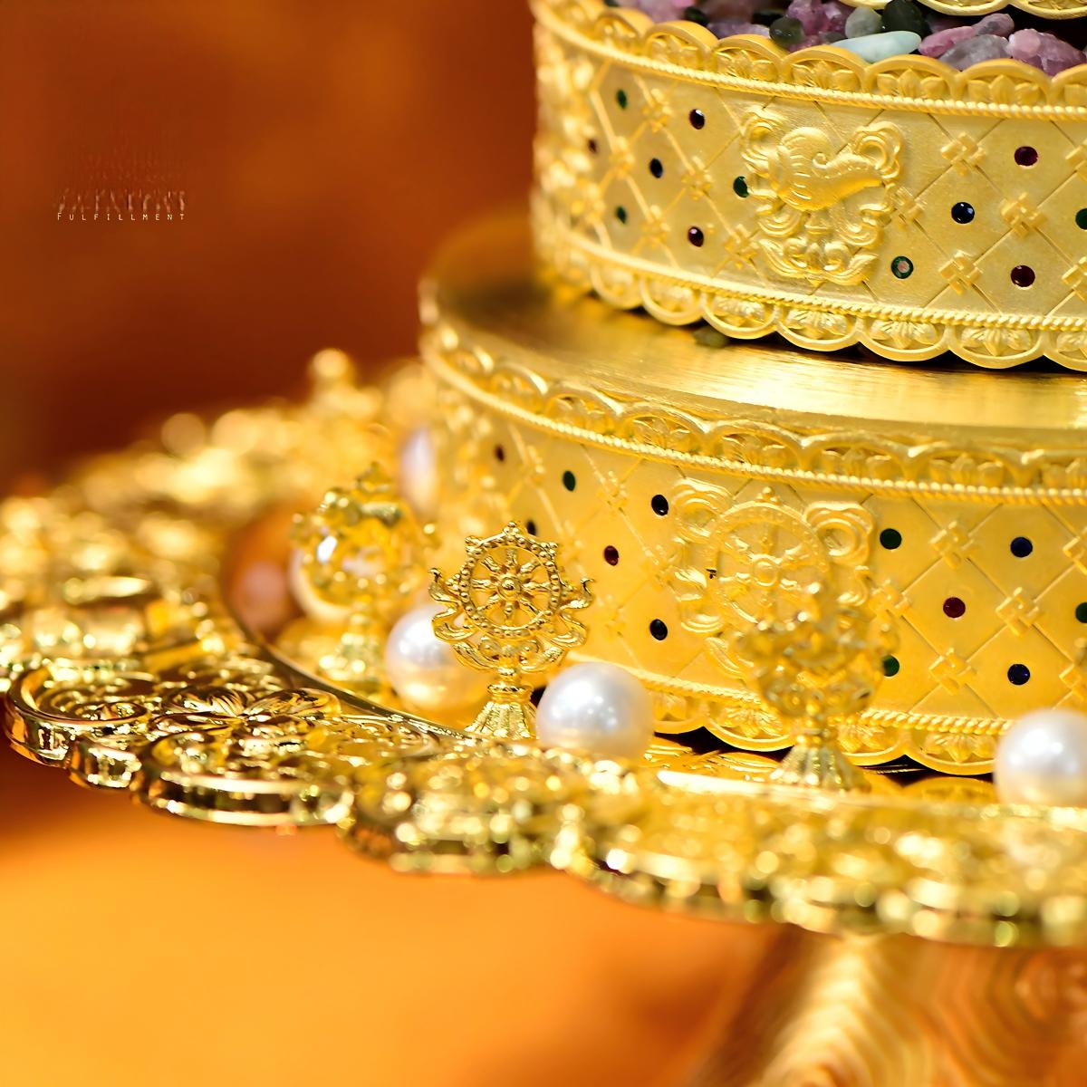 Tibetan Buddhist Jewelry Culture: Traditional gold-plated brass mandala plate with eight symbols, reflecting ancient Tibetan Buddhist sacrificial implements culture.