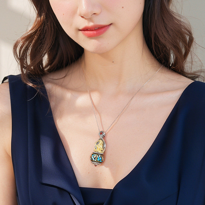 Ethnic-style Tibetan Manjushri pendant necklace with turquoise, silver, and copper, unisex protective amulet for daily wear, Tibetan Buddhist Jewelry Culture Jewelry art