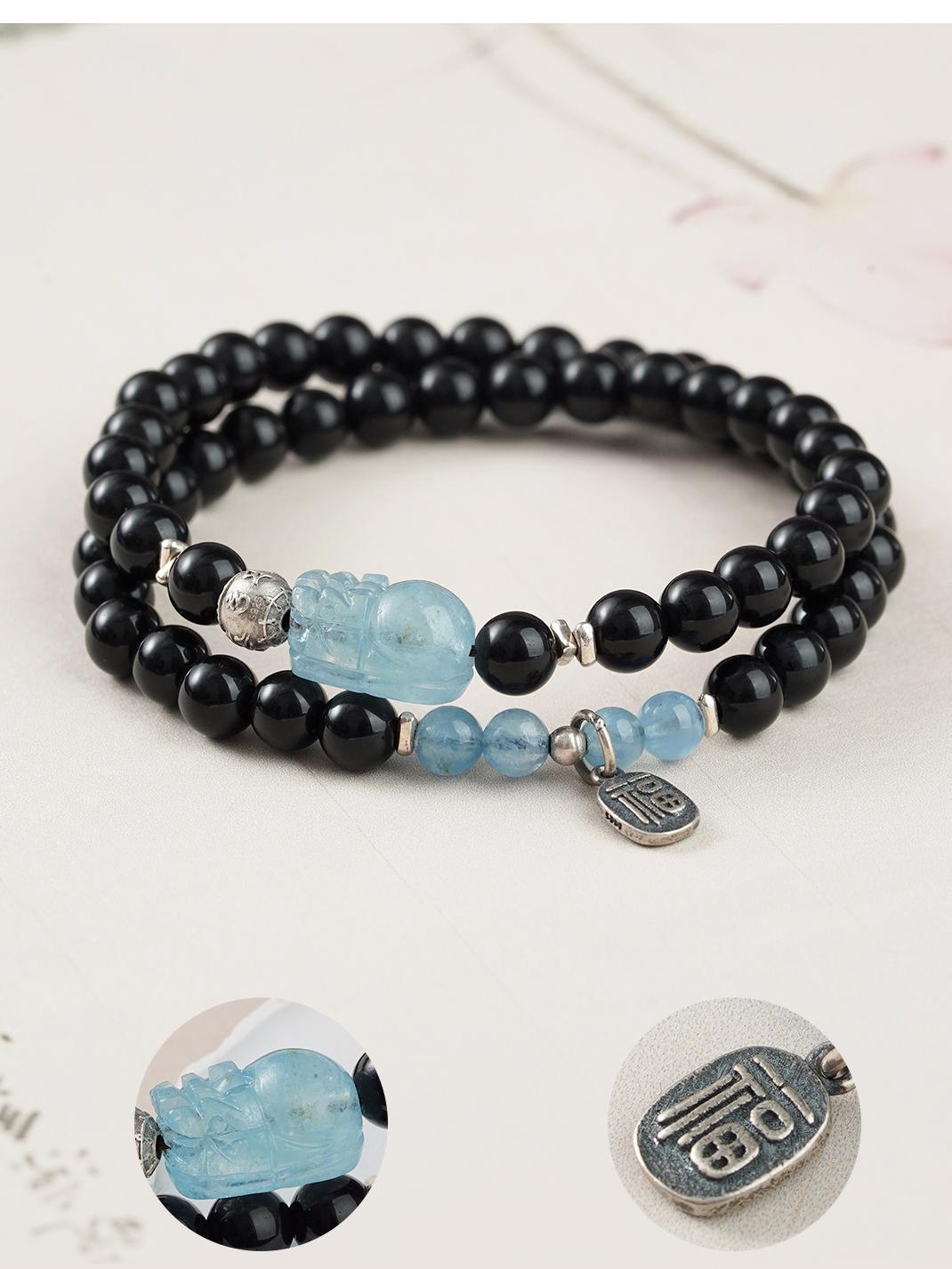 Tibetan Buddhist Jewelry Culture: Hand-Painted Obsidian Aquamarine Crystal Bracelet "Mu Yun Ping" promoting serenity and clarity