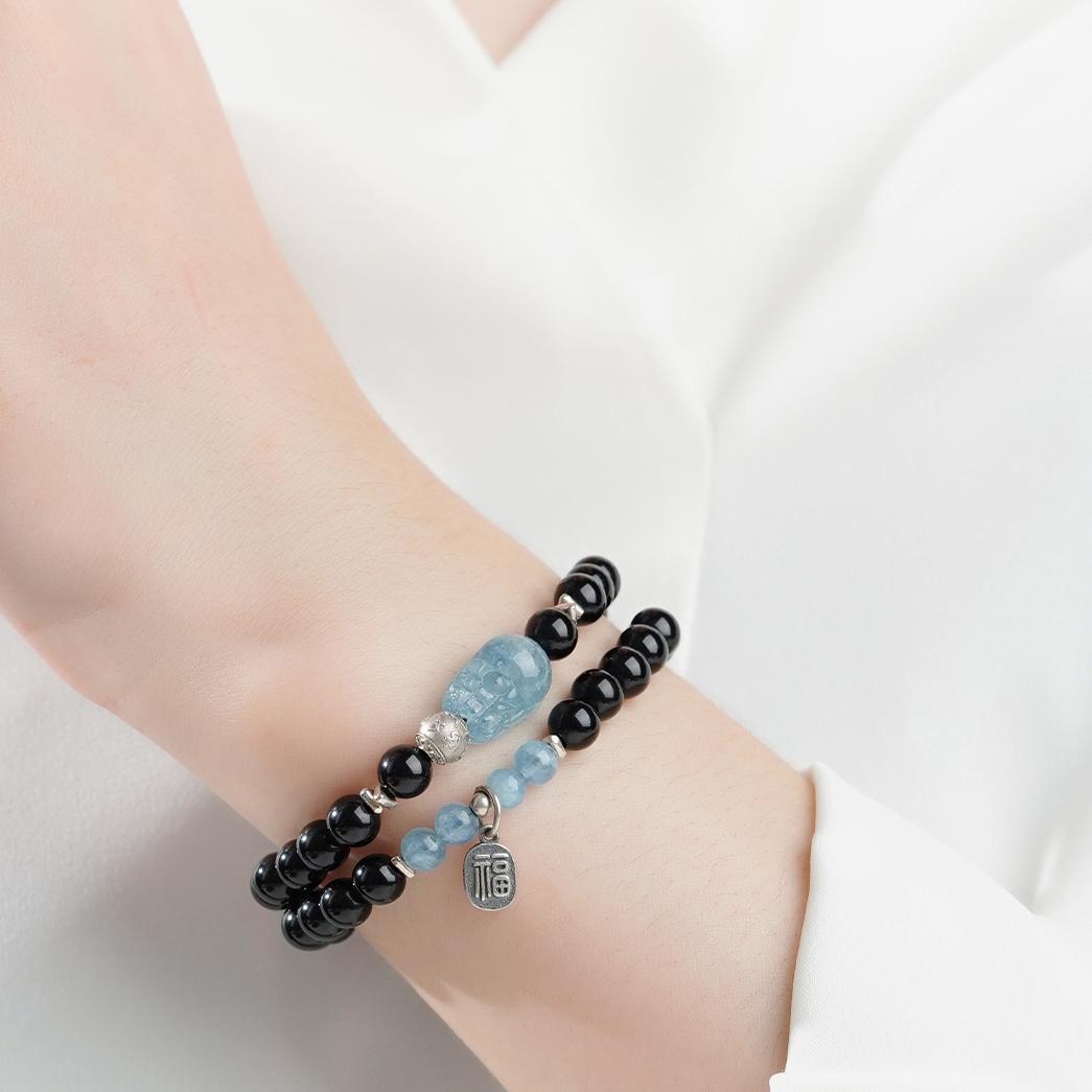 Tibetan Buddhist Jewelry Art: Multi-Strand Obsidian Aquamarine Pi Xiu Protection Bracelet warding off negative energy while attracting prosperity