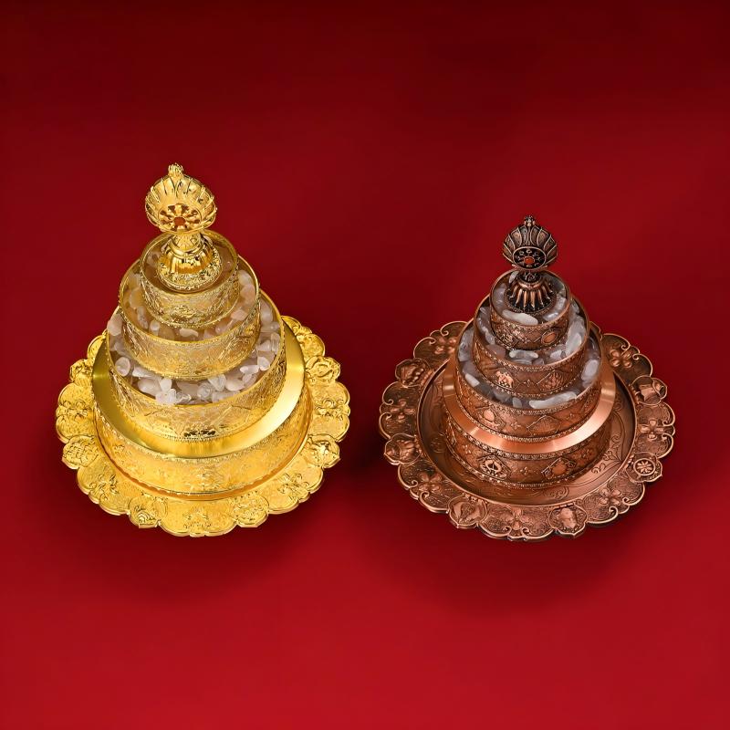 Hand-polished silver gilded mandala offering plate, showcasing traditional Tibetan-Buddhist Jewelry Culture and artisan Jewelry art.