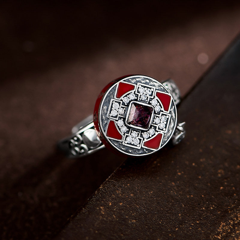 Ethnic-style Tibetan S925 silver and resin Mantra pendant ring, rotatable unisex necklace, protective spiritual talisman, Tibetan Buddhist Jewelry Culture Jewelry art