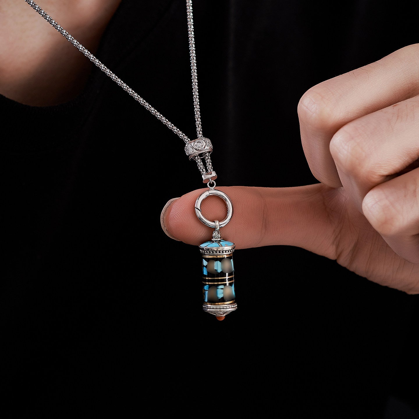Ethnic-style Tibetan S925 silver Mantra pendant with turquoise rotating bottle, handcrafted unisex necklace, protective spiritual amulet, Tibetan Buddhist Jewelry Culture Jewelry art