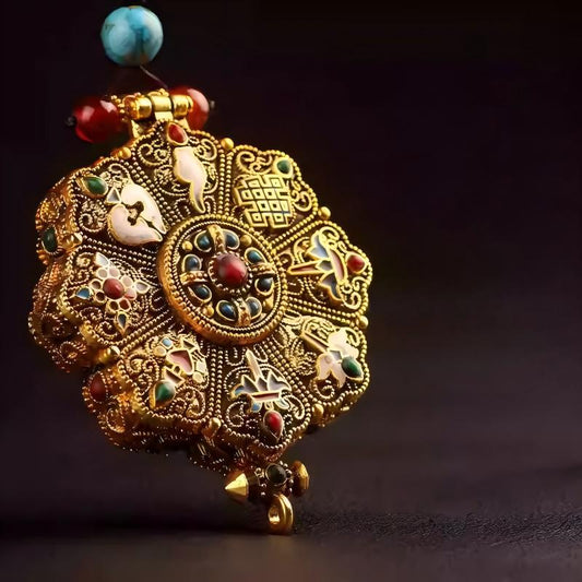 Hand-painted silver Ashtamangala locket, showcasing traditional Tibetan Buddhist Jewelry Culture and exquisite Jewelry art.