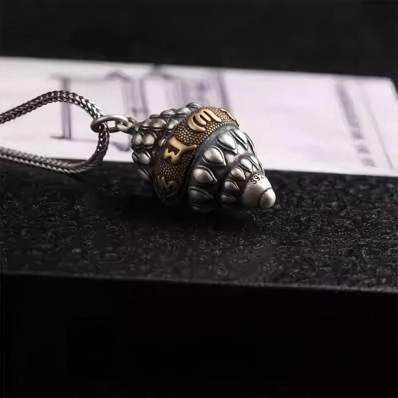 Vintage Tibetan Buddhist jewelry silver conch necklace with Eight Auspicious Symbols, handmade spiritual pendant jewelry art