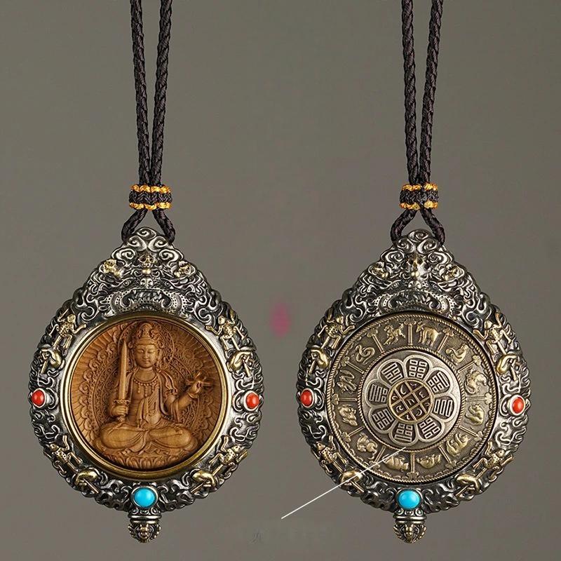 Exquisite copperwood Zodiac pendant with silver and sandalwood inlay, handcrafted and hand-painted, inspired by Tibetan Buddhist jewelry culture, perfect for meditation, daily wear, or meaningful gifting.