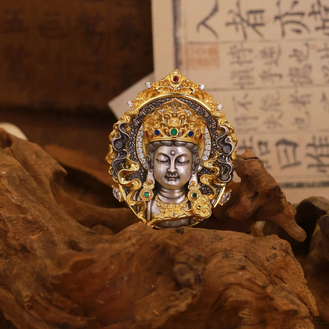 Handmade with care, this artistic silver pendant features a detailed representation of the Manjushri Bodhisattva. Set with zircon stones, it merges Tibetan Buddhist Jewelry Culture with intricate jewelry art, offering both spiritual significance and timeless style for modern wearers.