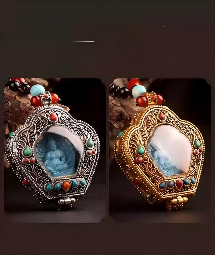 Hand-painted Yellow God of Wealth thangka in a silver shrine locket, showcasing traditional Jewelry art.