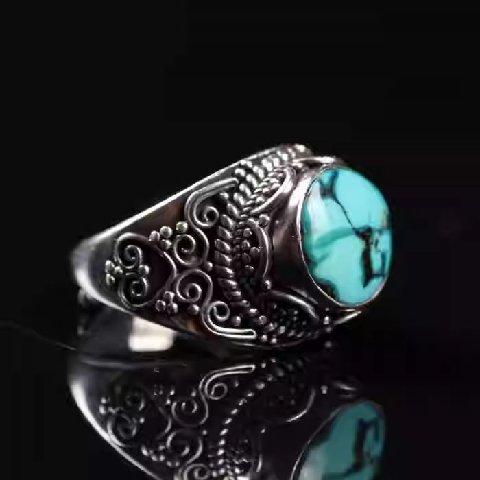 Silver turquoise ethnic open ring, Tibetan Buddhist Jewelry Culture Jewelry art, handcrafted creative spiritual ring for men and women