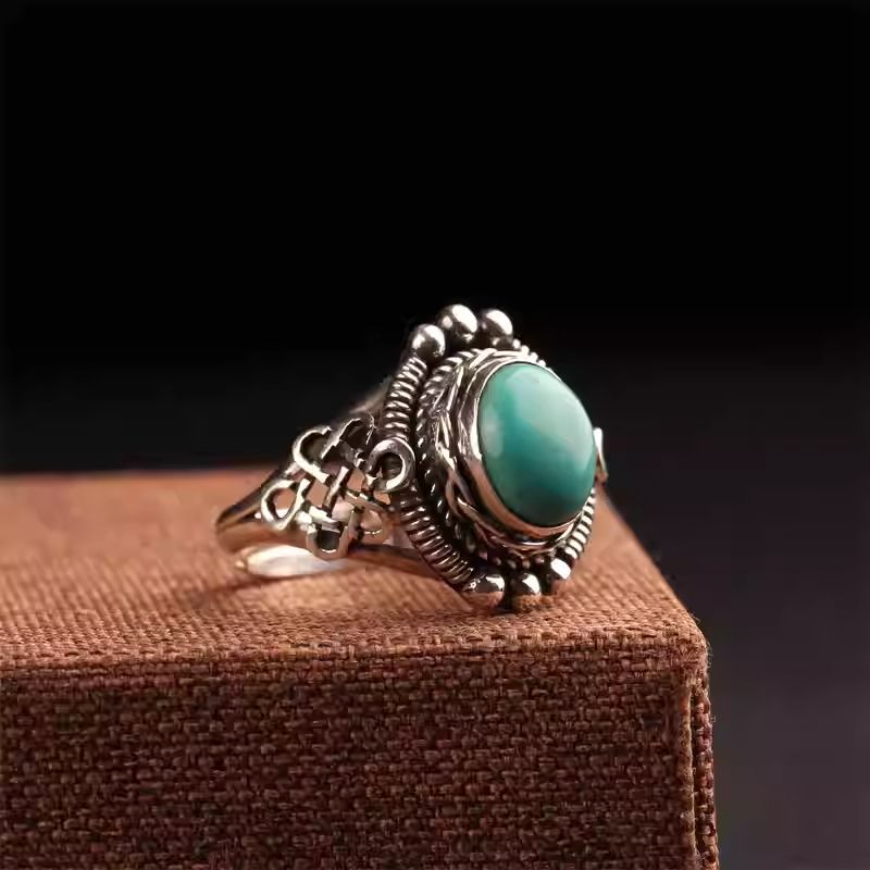 Handmade silver turquoise ethnic open ring, Tibetan Buddhist Jewelry Culture Jewelry art, unique vintage adjustable finger ring for women