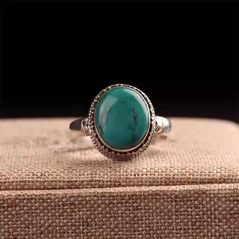 Handmade silver turquoise ethnic ring, Tibetan Buddhist Jewelry Culture Jewelry art, unique vintage open adjustable ring for women