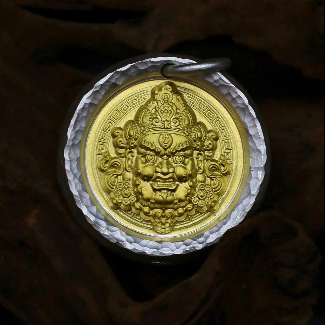 Exquisite silver Yellow Jambhala pendant, handcrafted and hand-painted, inspired by Tibetan Buddhist jewelry culture, perfect as a spiritual accessory or collectible jewelry art piece.
