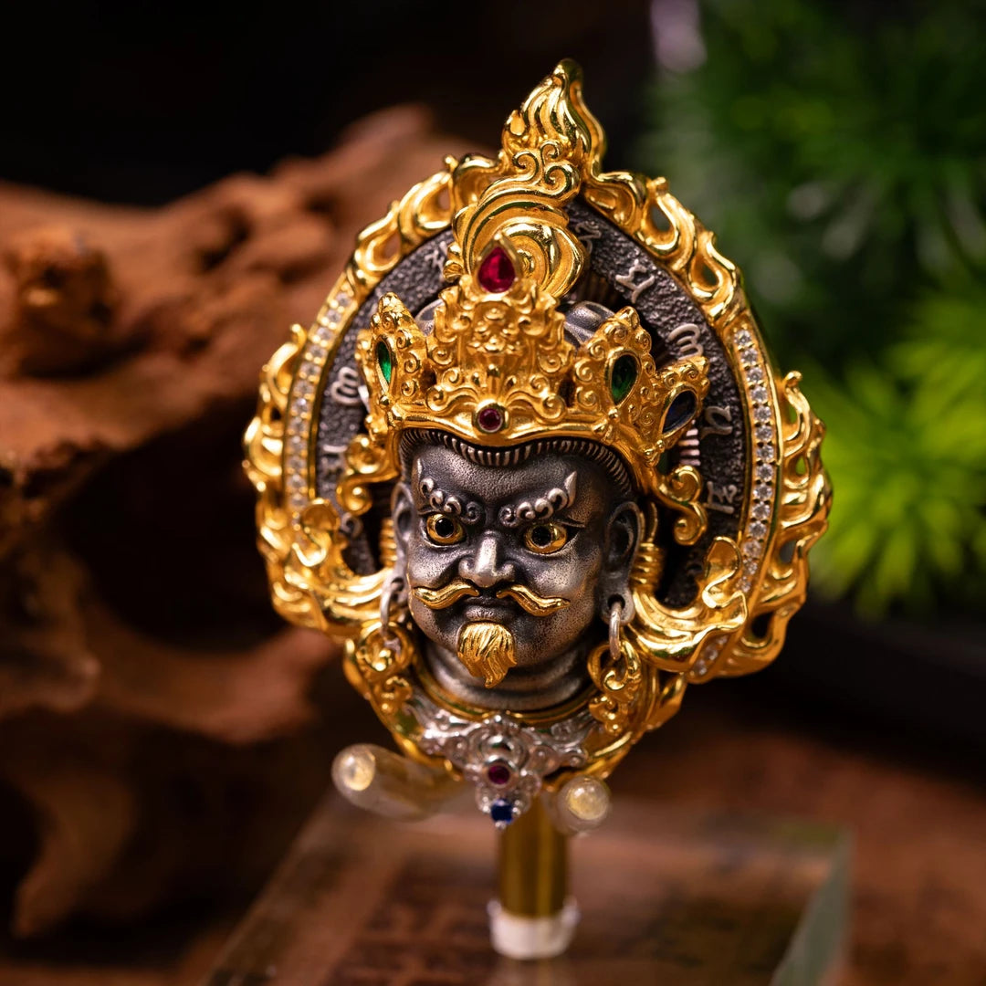 Handcrafted silver zircon Yellow Jambhala pendant, inspired by Tibetan Buddhist jewelry culture and jewelry art, offering spiritual protection, wealth, and positive energy.
