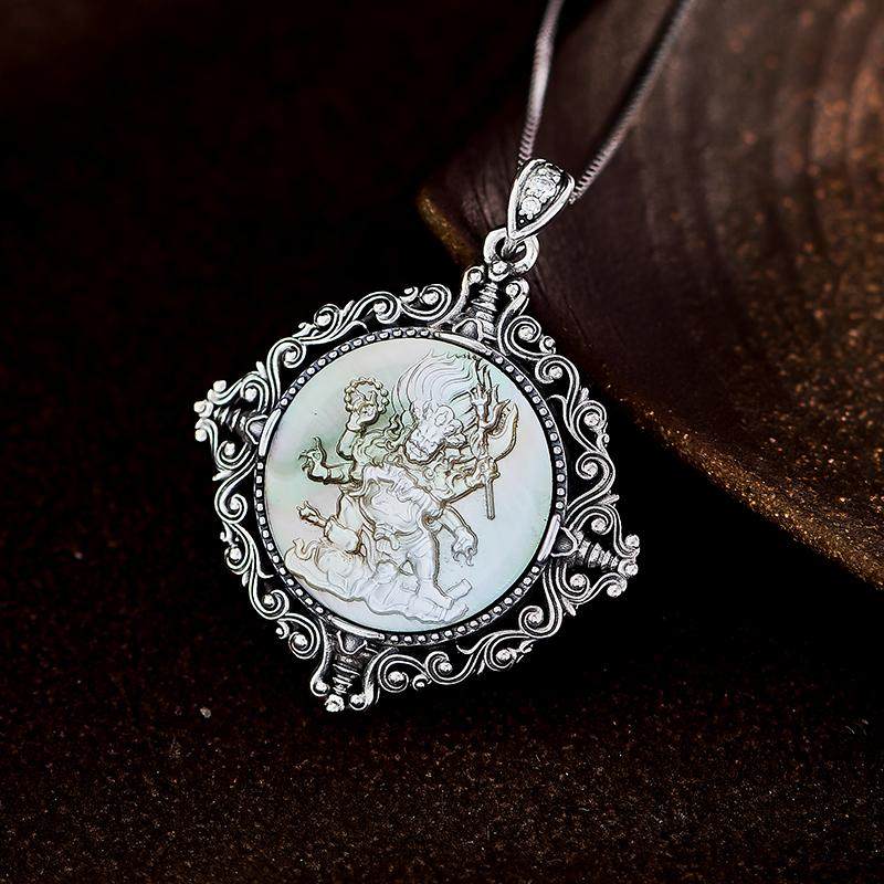 Tibetan Buddhist ethnic-style Six-Armed Mahakala black baige pendant in S925 silver, handcrafted unisex necklace, protective spiritual amulet, Jewelry art
