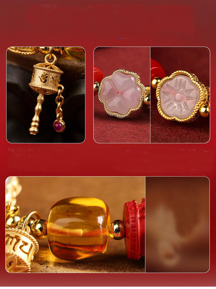 Tibetan Buddhist Jewelry Culture: Hand-Painted Cinnabar Mantra Beads Amber Bracelet embodying Dharma teachings and protection