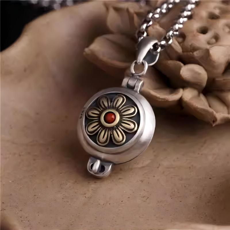Handmade small silver Gesang flower Gau box charm, Tibetan Buddhist Jewelry Culture Jewelry art, unique hollow pendant for men and women.