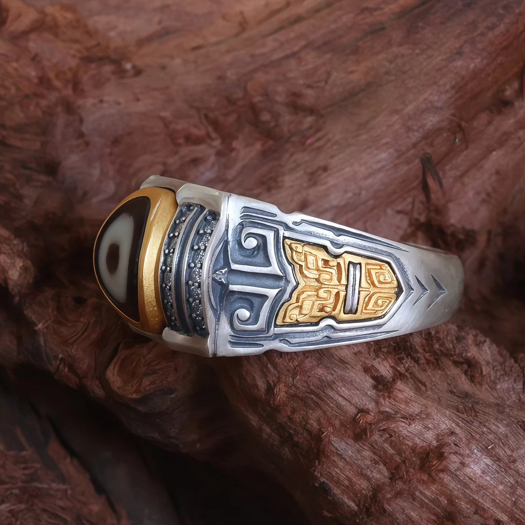 925 sterling silver ring featuring auspicious symbols, inspired by ancient Tibetan Buddhist Jewelry Culture and spiritual jewelry art.