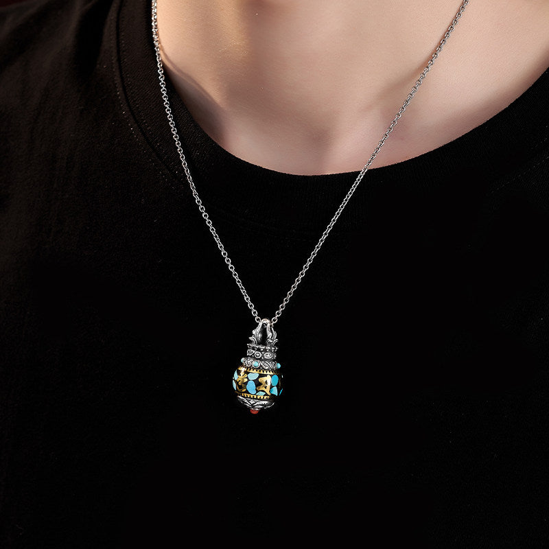 Tibetan Buddhist ethnic-style Vajra Stupa turquoise pendant in silver and copper, handcrafted unisex necklace, guardian talisman, Tibetan Buddhist Jewelry Culture Jewelry art