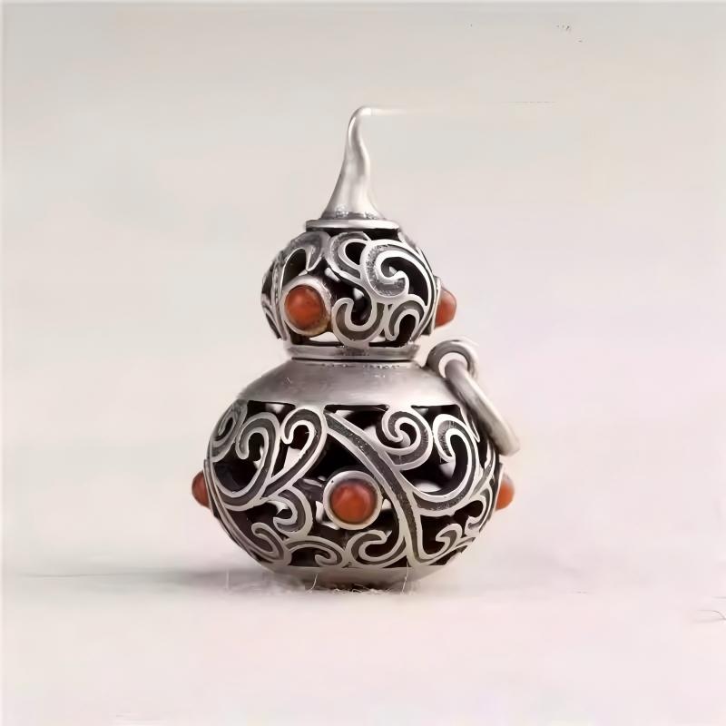 Vintage handmade silver gourd pendant necklace, Tibetan Buddhist Jewelry Culture inspired, spiritual and artistic Jewelry art for all genders.