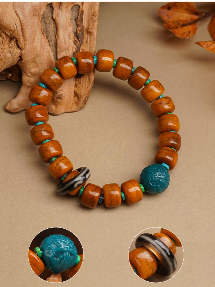 Tibetan Buddhist Jewelry Culture: Handmade Yak Bone Incense Ash Agate Barrel Beads Bracelet with sacred blessings