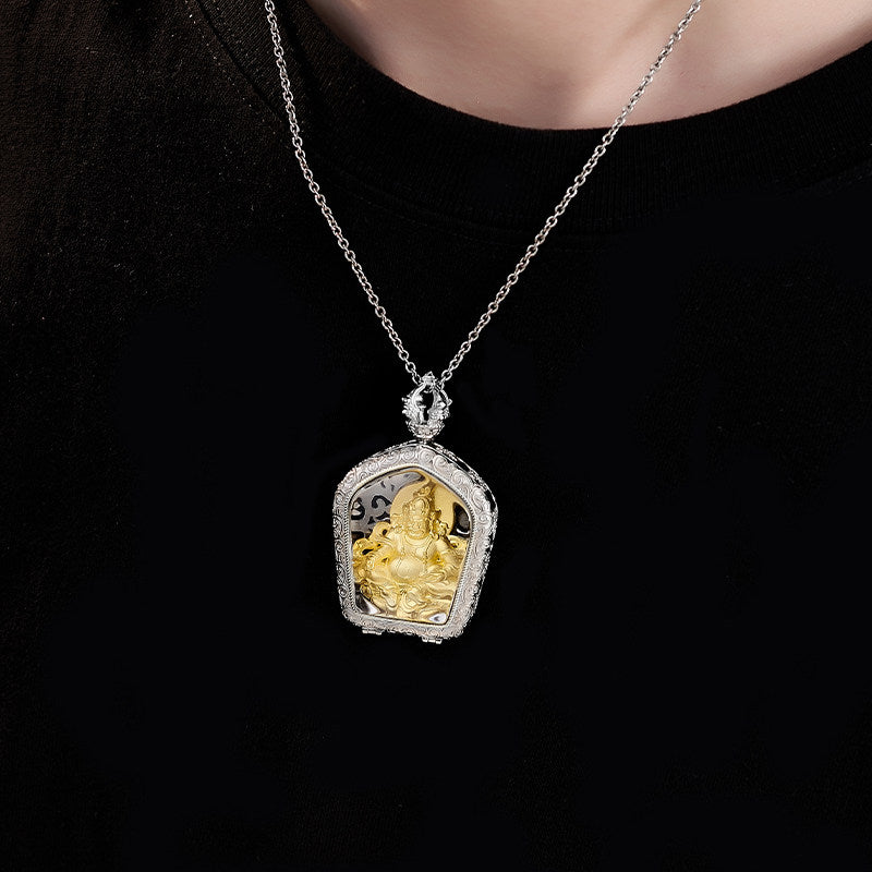 Tibetan Buddhist ethnic-style Yellow Jambhala crystal pendant with silver and copper, handmade unisex necklace for prosperity and spiritual protection, Jewelry art