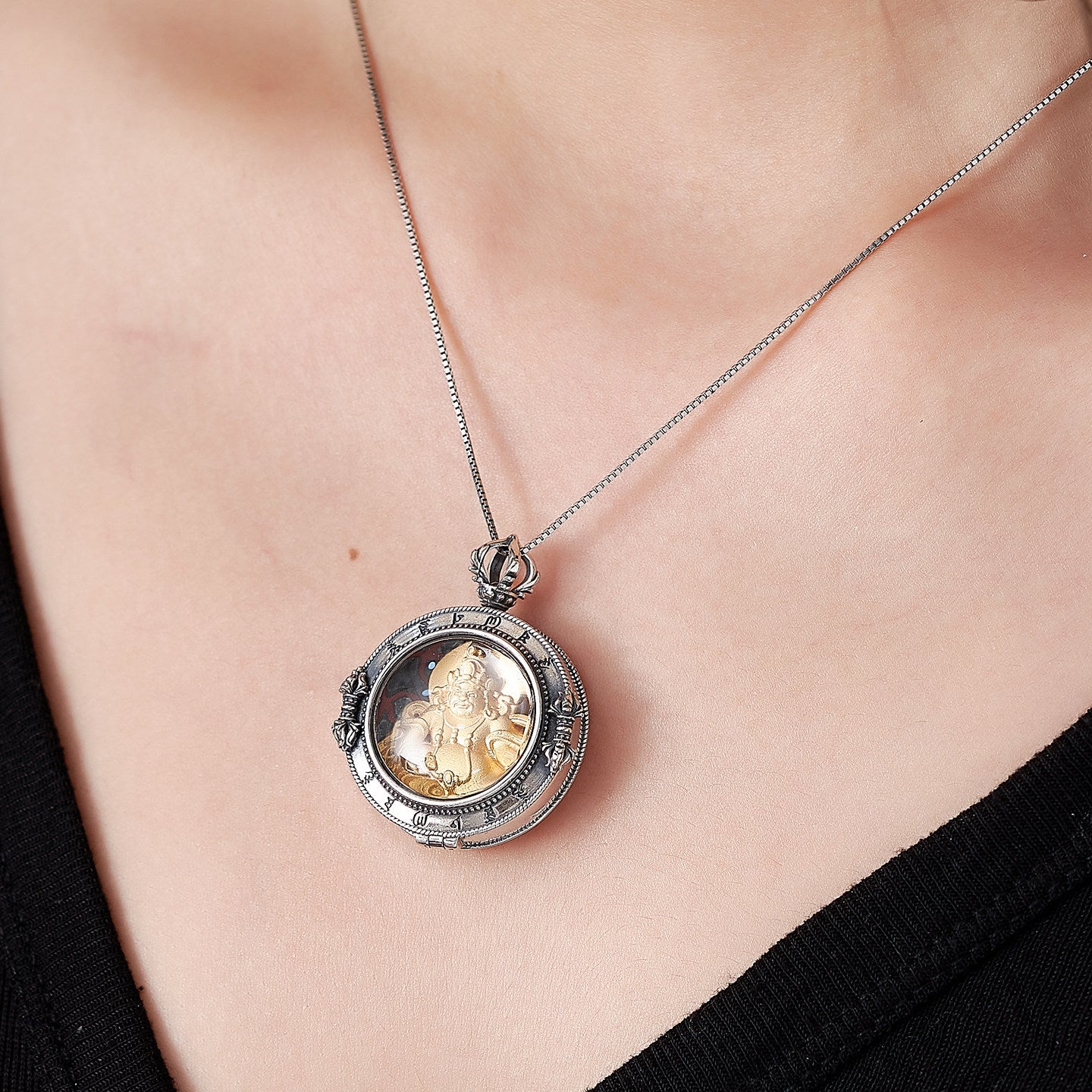 Tibetan Buddhist ethnic-style Yellow Jambhala Gau pendant with silver and copper, handmade unisex necklace for prosperity, Tibetan Buddhist Jewelry Culture Jewelry art