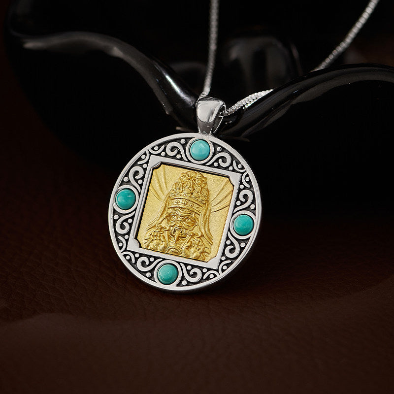 Ethnic Tibetan Zakilam round silver pendant necklace for men and women, casual everyday accessory, Tibetan Buddhist Jewelry Culture Jewelry art