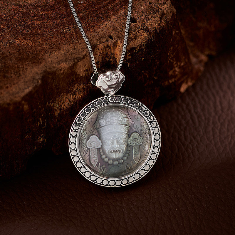 Ethnic Tibetan Zakilam black baige pendant with silver, Goddess of Wealth unisex necklace for protection and blessings, Tibetan Buddhist Jewelry Culture Jewelry art

