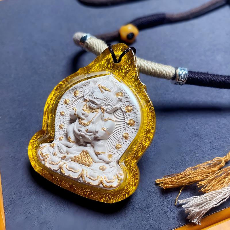 Manual hand-painted Black Jambhala pendant, Tibetan Buddhist Jewelry Culture, handmade Jewelry art necklace for abundance, protection, and positive energy