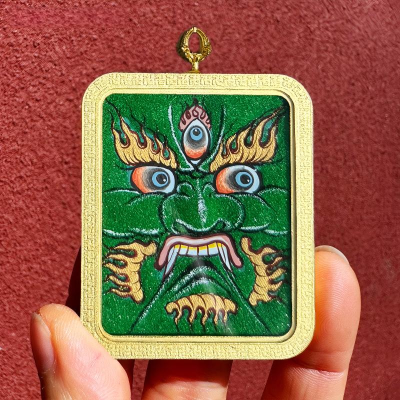 Pure handmade Tibetan Five Wealth Gods Thangka pendant, colorful and detailed, representing prosperity, protection, and authentic Tibetan jewelry art.