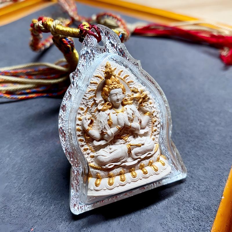 Pure handmade Tibetan Four-Armed Avalokiteshvara Ash Gau box pendant, featuring miniature Thangka, combining traditional craftsmanship with sacred Tibetan jewelry art.