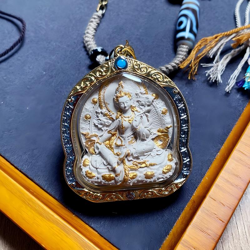Pure handmade Tibetan Green Tara Ash pendant in metal Gau box with miniature Thangka, combining traditional craftsmanship with sacred Tibetan jewelry art.