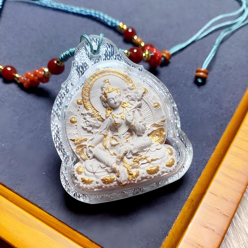 Manual hand-painted Green Tara pendant, Tibetan Buddhist Jewelry Culture, handmade Jewelry art necklace for abundance, protection, and positive energy