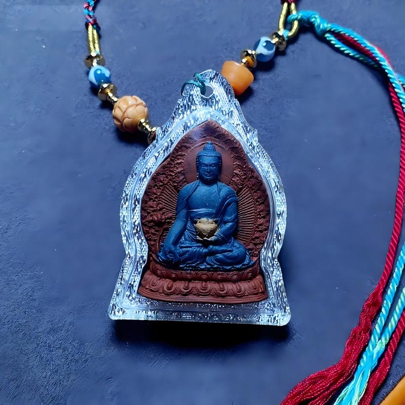 Bhaisajyaguru multicolor Thangka Gawu amulet pendant rooted in Tibetan Buddhist Jewelry Culture, handcrafted Jewelry art necklace for blessings and well-being