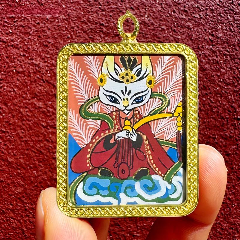 Hand-painted Nine-Tailed Fox Thangka pendant, Tibetan Buddhist Jewelry Culture Jewelry art for luck, protection, and meditation