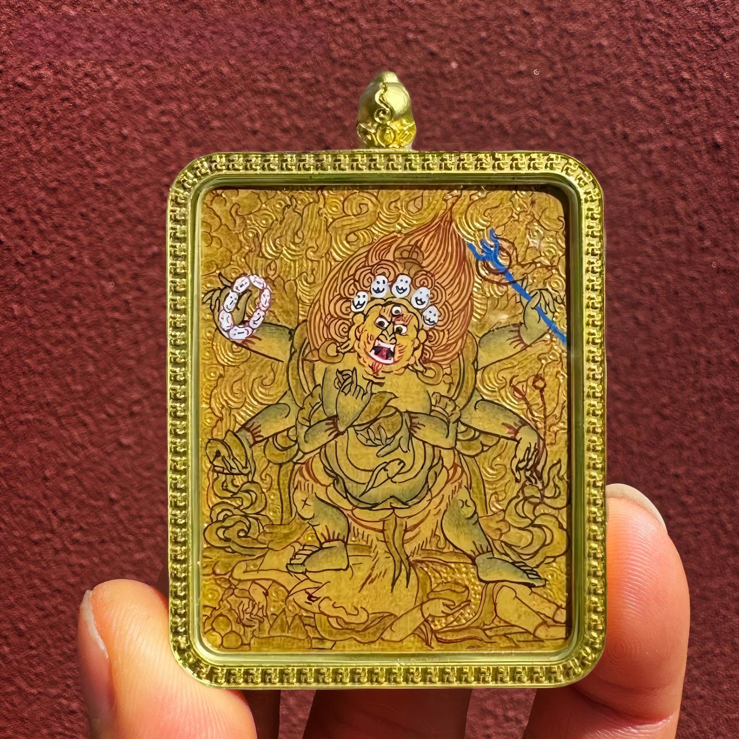 Pure handmade Tibetan Mahakala Gau box necklace with small Thangka, spiritual jewelry art offering strong protection and auspicious blessings.
