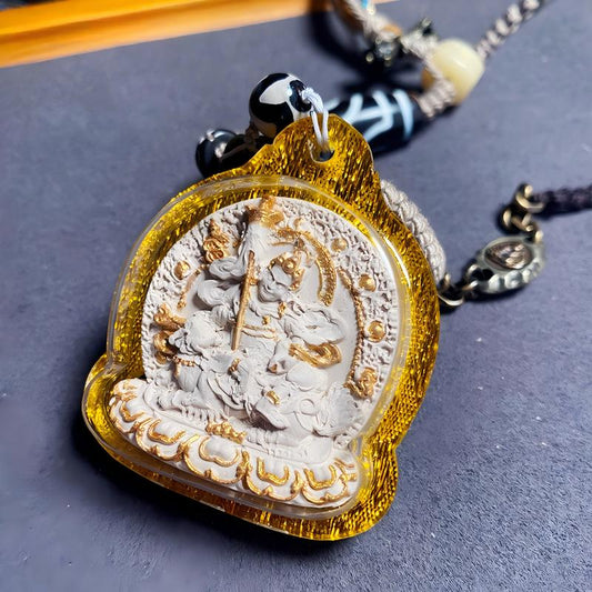 Hand-painted Wealth King mini Thangka pendant from Tibetan Buddhist Jewelry Culture, handmade Jewelry art amulet necklace for blessings and prosperity