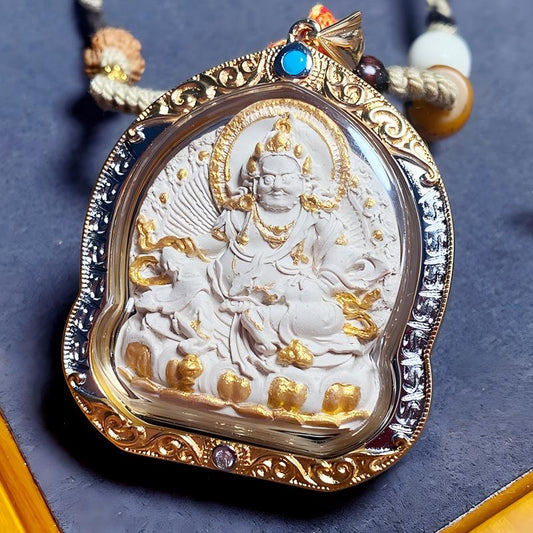 Hand-painted Yellow Jambhala ash metal Gawu pendant from Tibetan Buddhist Jewelry Culture, handmade Jewelry art necklace for wealth and protection