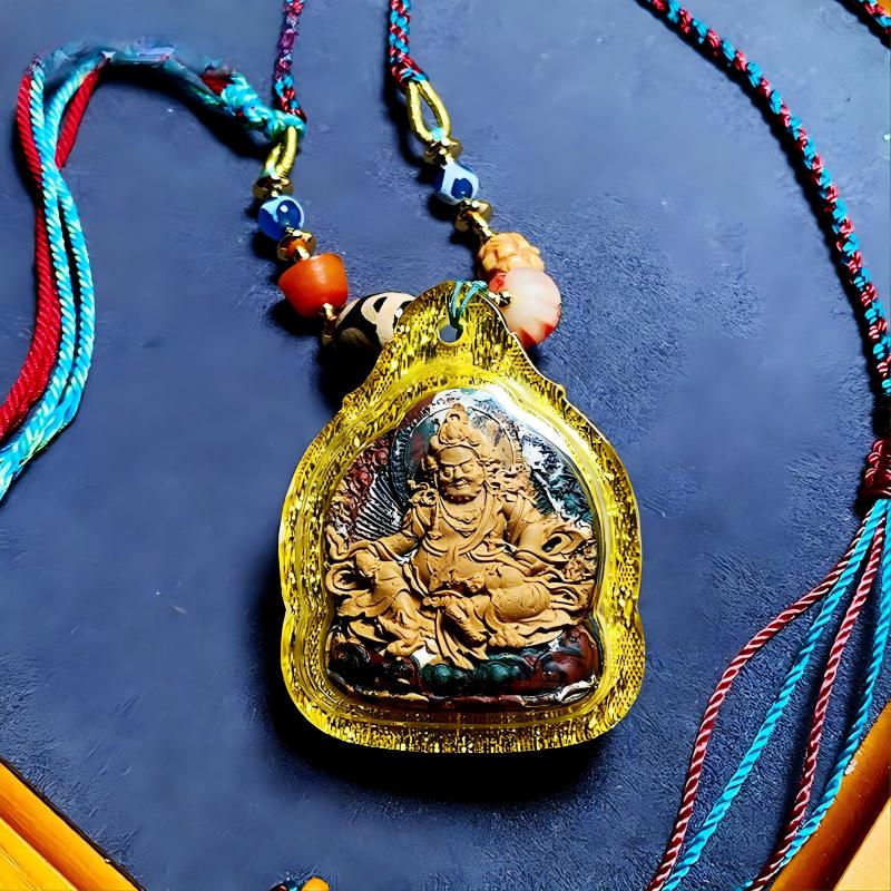 Hand-painted Yellow Jambhala multicolor ash Gawu pendant from Tibetan Buddhist Jewelry Culture, handmade Jewelry art necklace for wealth and protection