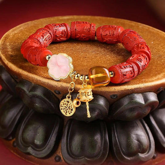 Tibetan Buddhist Jewelry Culture: Handmade Cinnabar Amber Six-Syllable Mantra Bracelet featuring the sacred Om Mani Padme Hum mantra