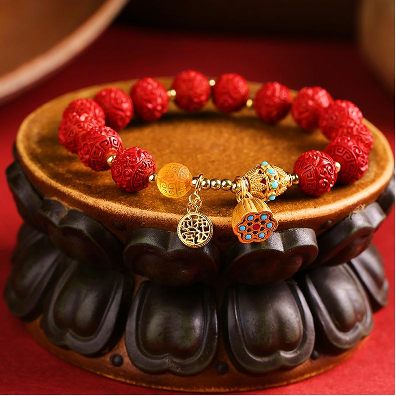 Tibetan Buddhist Jewelry Art: Lotus Seedpod Cinnabar Amber Bracelet symbolizing purity and spiritual growth in Buddhist practice