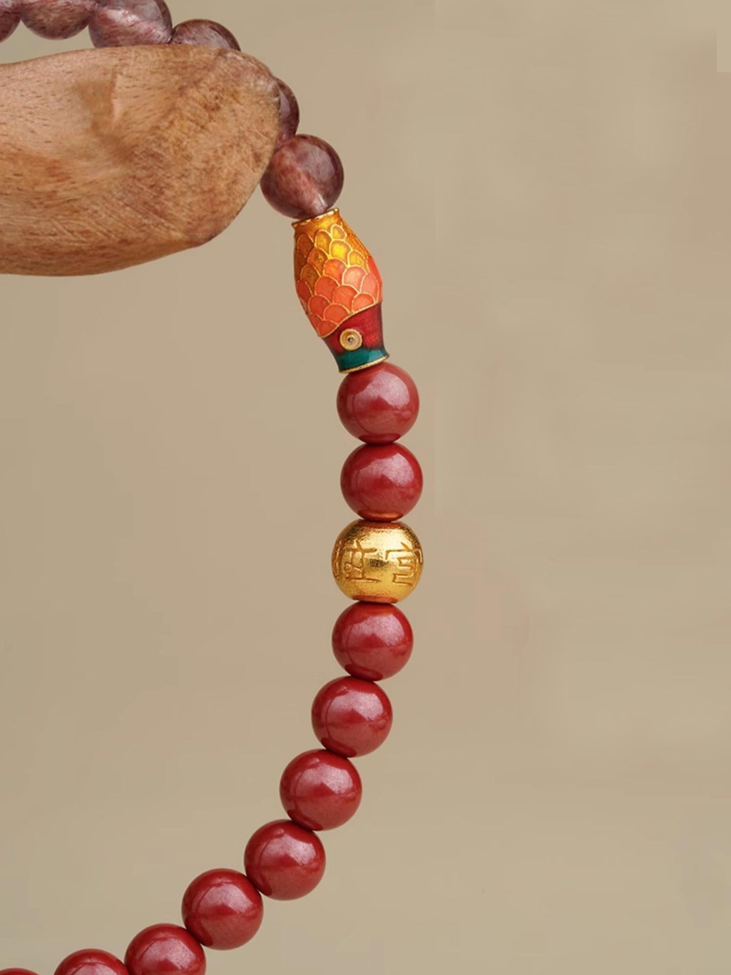 Tibetan Buddhist Jewelry Art: Strawberry Quartz and Cinnabar Spiritual Bracelet for heart chakra balancing and energy cleansing