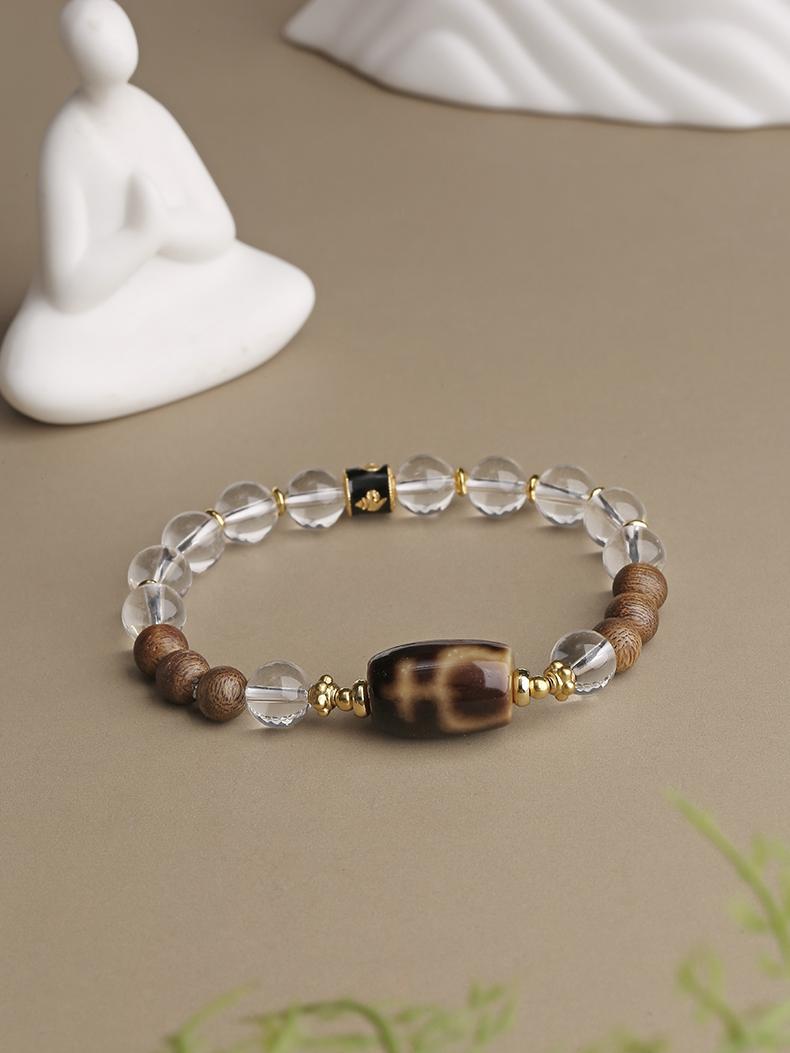 Tibetan Buddhist Jewelry Art: White Crystal Dzi Beads Spiritual Bracelet with traditional Tibetan Buddhist vase designs