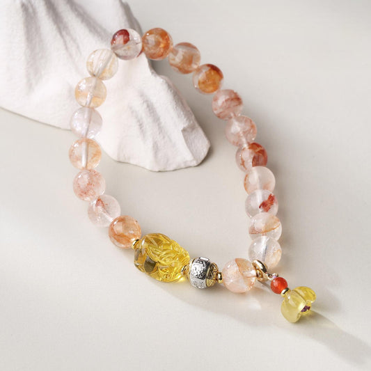 Tibetan Buddhist Jewelry Art: Hand-Painted Crystal and Golden Amber Pi Xiu Bracelet for wealth attraction and spiritual protection in Tibetan tradition