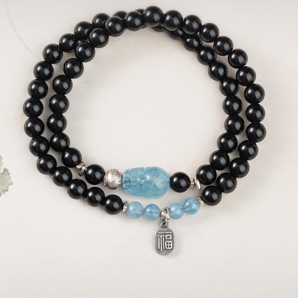 Tibetan Buddhist Jewelry Art: Deep Abyss Obsidian Aquamarine Multi-Strand Bracelet "Cang Yuan Ji" for depth and wisdom