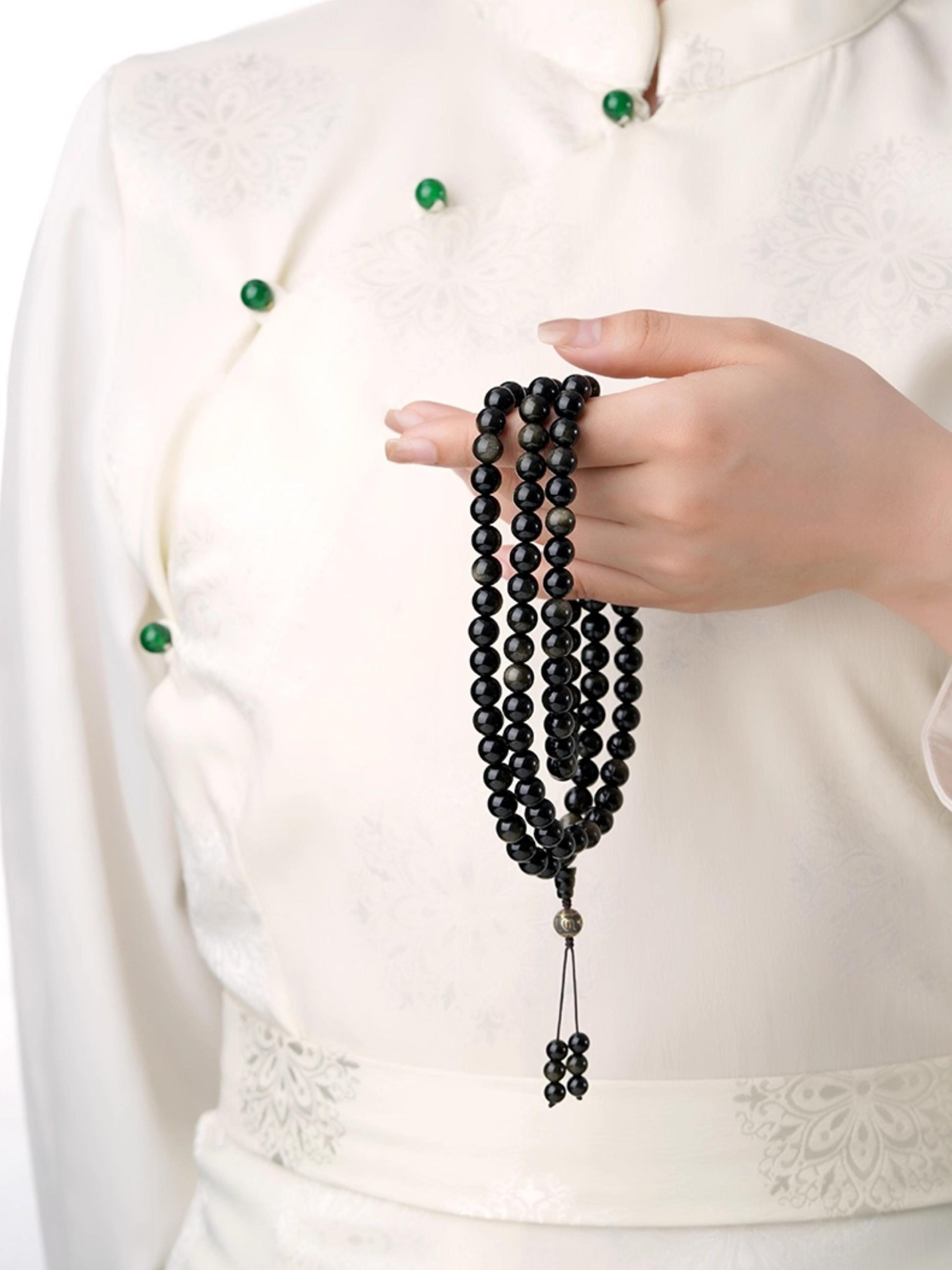 Tibetan Buddhist Jewelry Culture: Handmade 108 Gold Sheen Obsidian Prayer Beads Set for spiritual protection