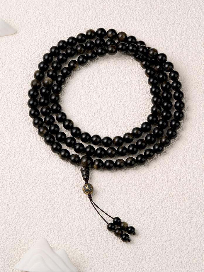 Tibetan Buddhist Jewelry Art: 108 Golden Sheen Obsidian Mala Beads for meditation and spiritual protection